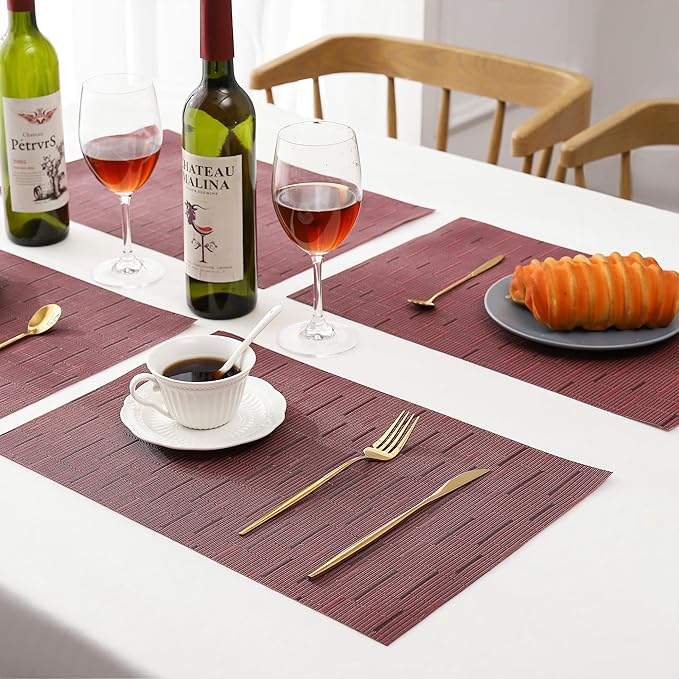 Leetaltree Burgundy Placemats Set of 6 - Heat Resistant Non-Slip Place mats for Dining Table, Washable Durable PVC Vinyl Woven Table Mats（Burgundy, 6）