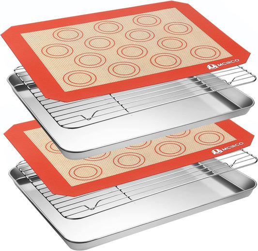 MCIRCO 6 Piece Stainless Steel Baking Sheet with Rack with Silicone Baking Mat Set (2 Pans + 2 Racks + 2 Mats), 12.4 x 9.6 x 1 Inch Cookie Sheet with Cooling Rack, Easy Clean