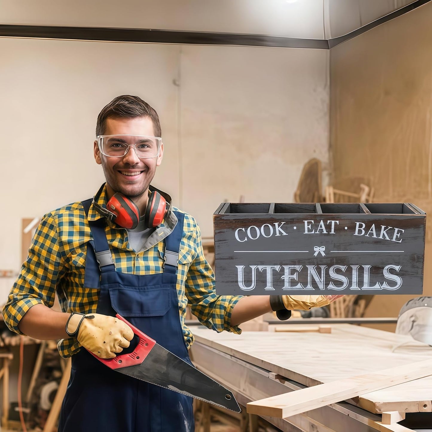 Utensil Holder,Extra Large Wooden Utensil Holder For Kitchen Counter,Cooking Spatula Organizer,Big Storage Caddy With 4 Compartments Flatware Spoon Tool Cutlery（Grey）