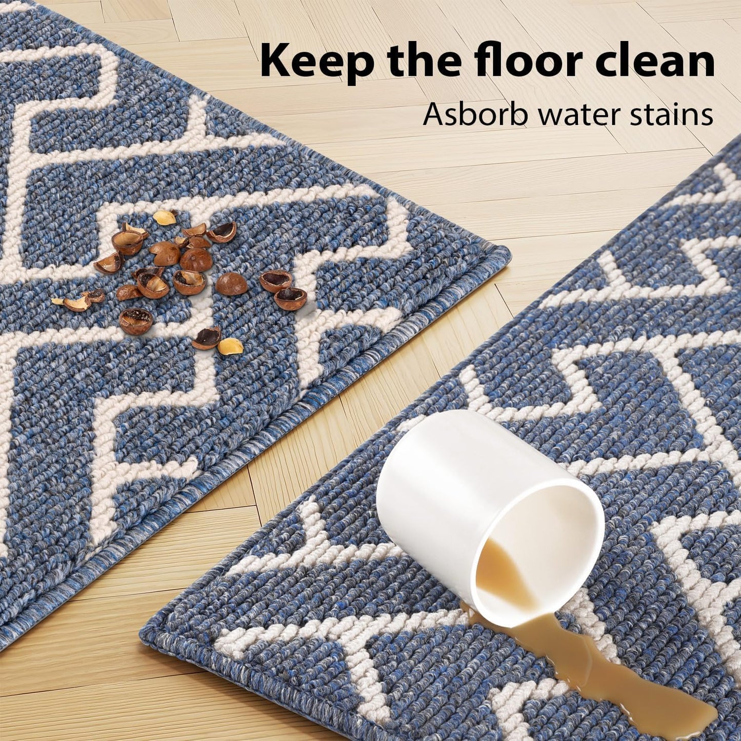 hicorfe Kitchen Rugs and Mats Sets,Non-Slip 2 Pieces Absorbent 100% Polypropylene Rug,Comfort Kitchen Runner Mat,Washable for Kitchen,Sink,Laundry(20" x 31.5" Plus 20" x 48",Navy Blue)