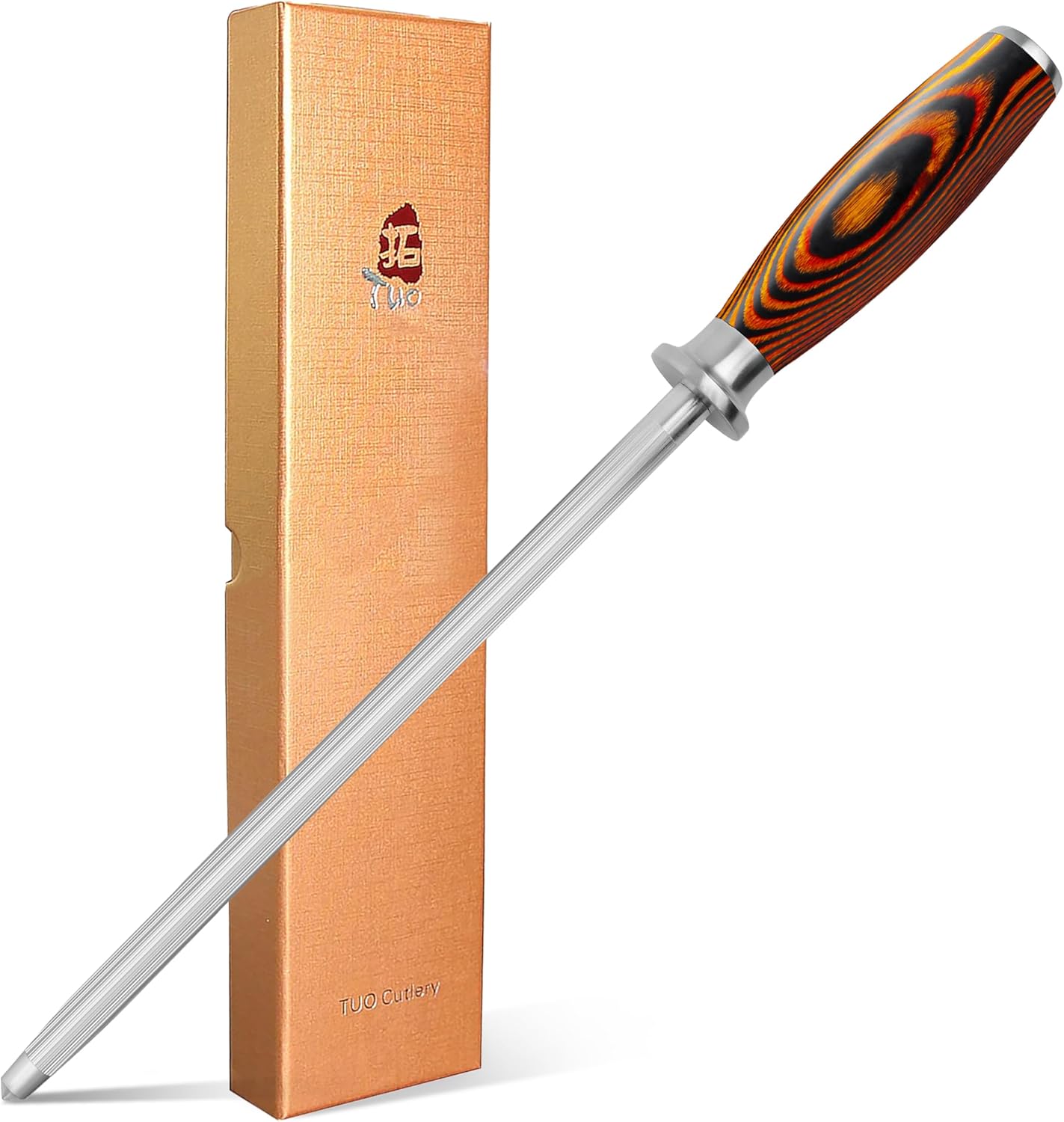 TUO Honing Steel, 10 Inch Knife Sharpener Rod with Pakkawood Handle for Kitchen Knives Daily Sharpening Maintenance - Fiery Phoenix Series
