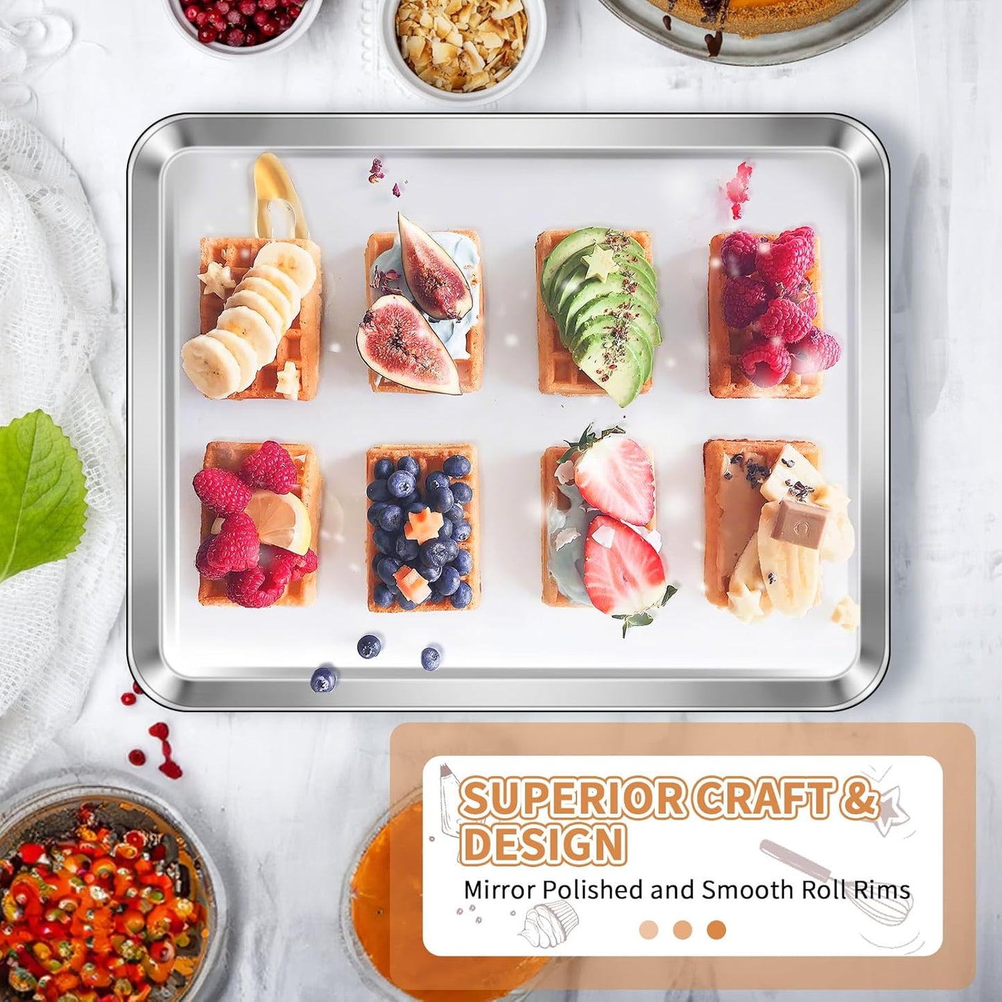 Stainless Steel Baking Sheet Set of 2, Deedro Cookie Sheet Metal Baking Pan Oven Tray, Non Toxic & Heavy Duty, Rust Free & Mirror Finish, Easy Clean & Dishwasher Safe, 16 x 12 x 1 Inch