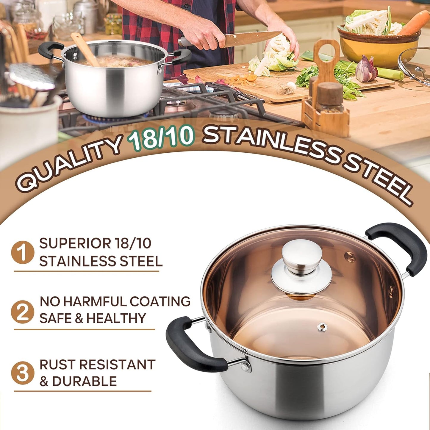 LIANYU 3QT Stainless Steel Stock Pot, Cooking Soup Pot with Lid, Heavy Duty Pasta Stockpot for Strew Simmer Boiling, Heat-proof Handle, Dishwasher Safe