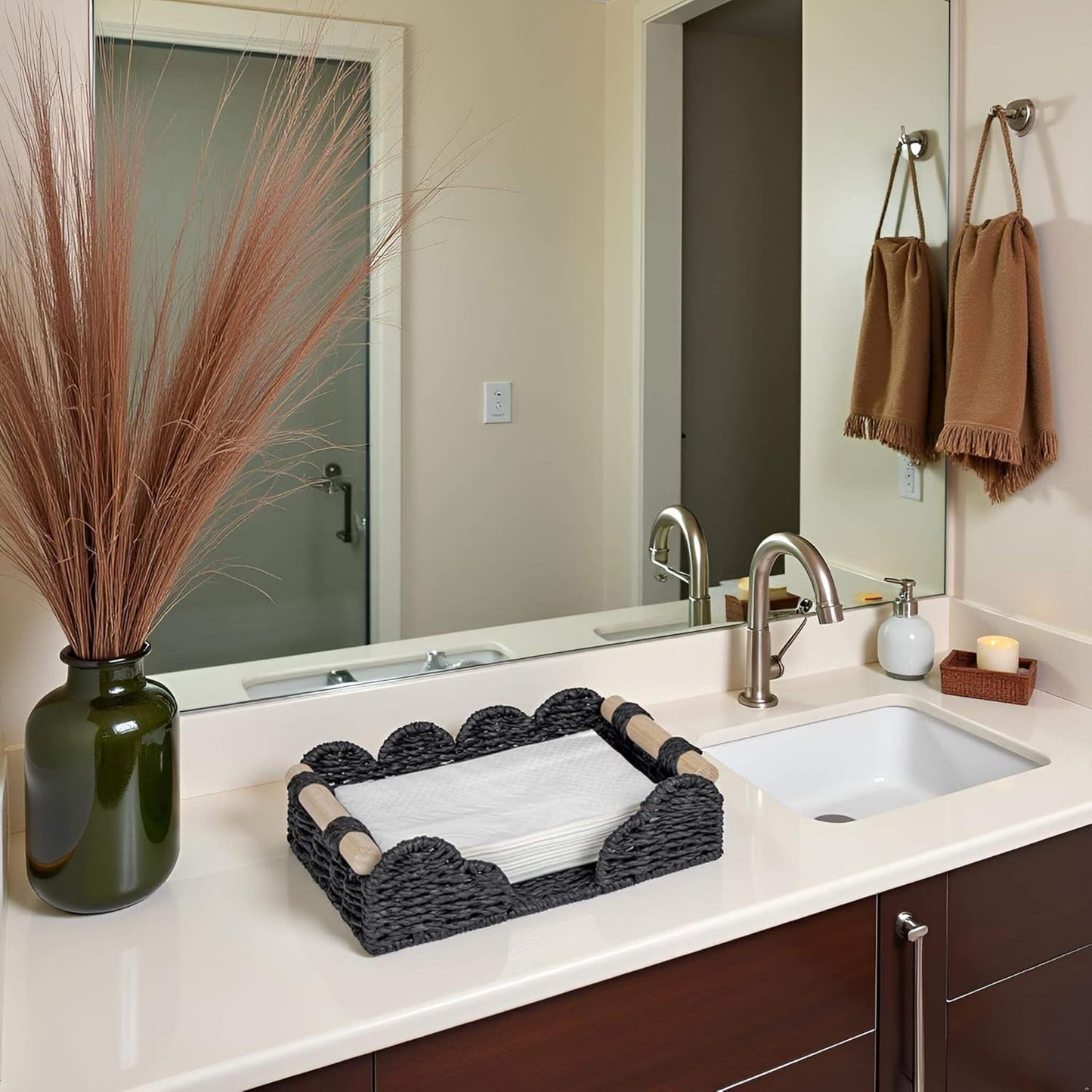 CubesLand Scalloped Napkin Holder for Bathroom Decor, Paper Rope Flat Napkin Dispenser Guest Towel Tray for Bathroom, Farmhouse Warm Napkin Holder for Table Dining Room Home Kitchen Decor, Black