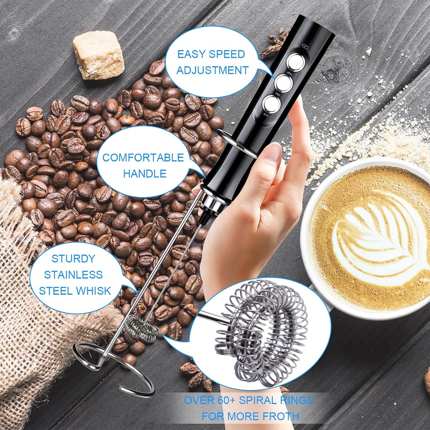 WanderLand Rechargeable Handheld Milk Frother Wand for Coffee,Drink Mixer with Stainless 2 Whisks, Electric Whisk 3 Speeds Adjustable, for Latte, Cappuccino, Hot Chocolate （Black）