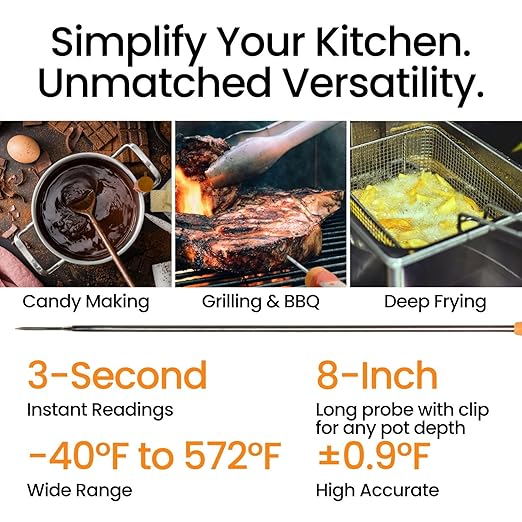 AI Bluetooth Candy & Meat Thermometer with 20+ Presets, Smart Alerts via App (Type-C Rechargeable) Digital Instant Reading for Candy Making, BBQ, Deep Frying, & Liquids, 8" Long Probe,CT180-BT