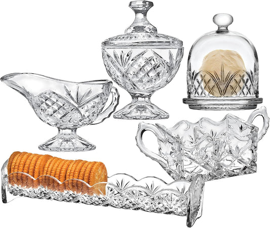 Godinger Serving Hostess Set - Butter Dish, Sugar and Creamer, Packet Holder, Cracker Tray - 5 Piece Set, Dublin Collection
