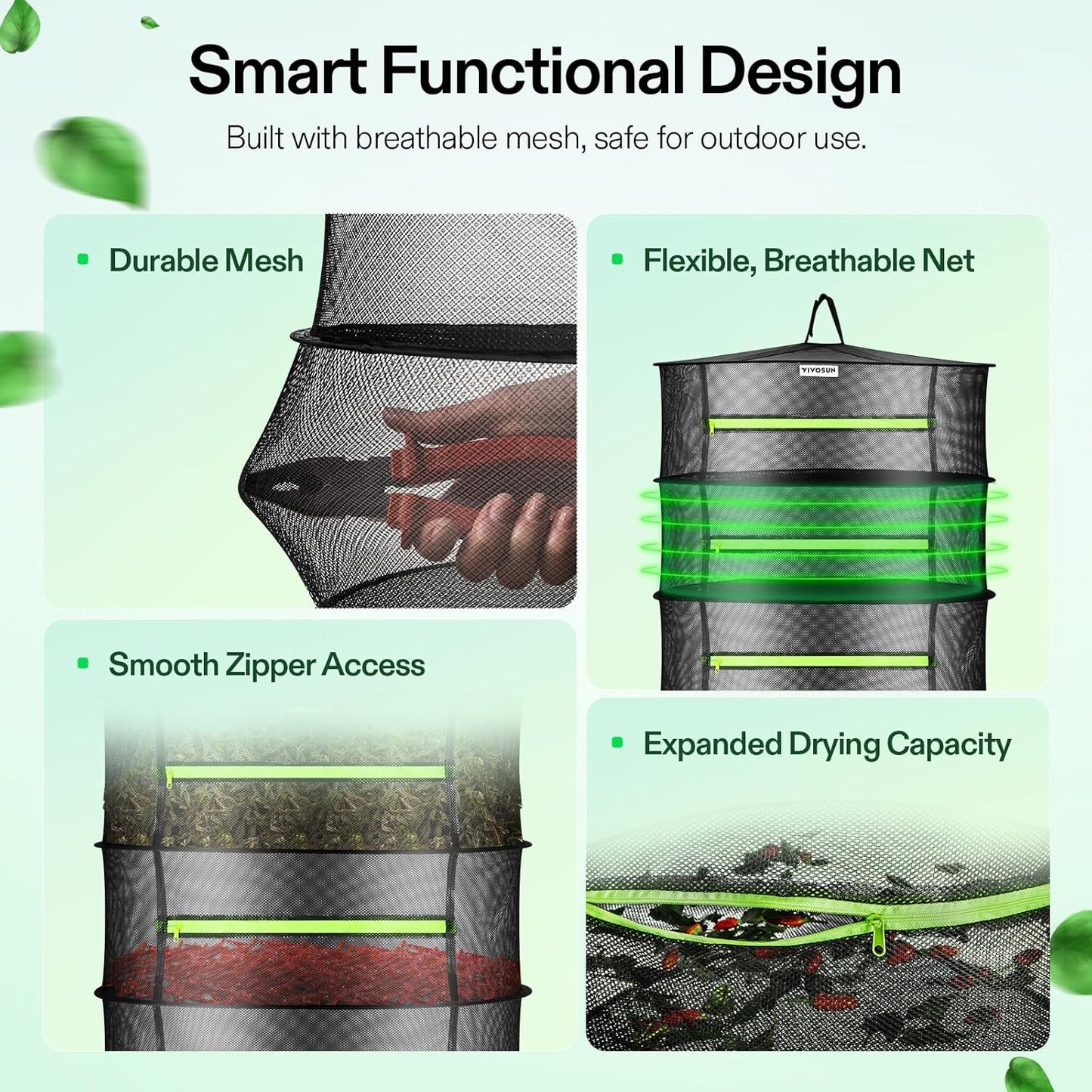 VIVOSUN 2-Pack 8-Layer Mesh Drying Rack Hanging Design with Green Zippers for Dehydrating, Indoor and Outdoor (Pruning Shears Included)