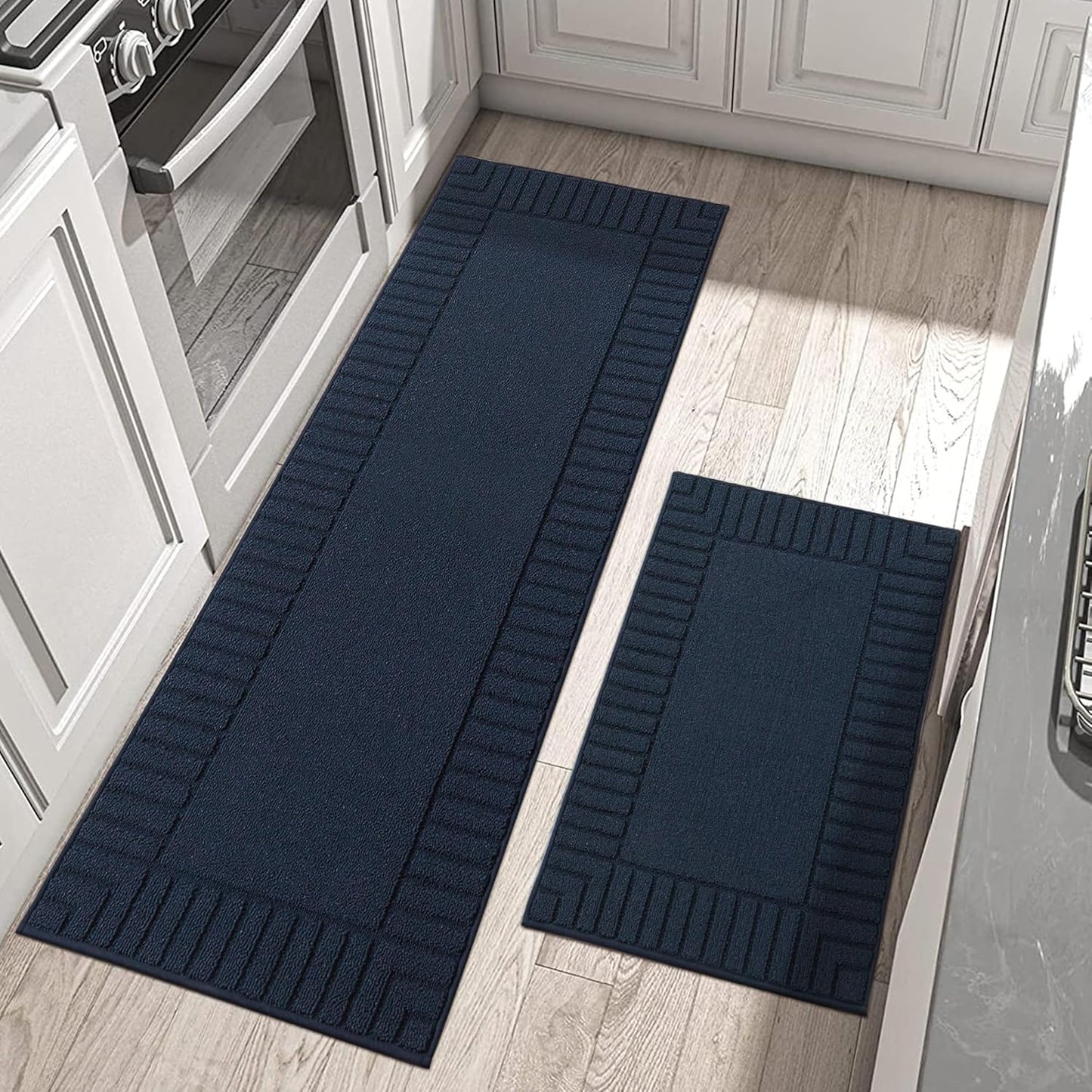 BEQHAUSE-Kitchen-Rugs-Washable-Kitchen-Mats-for-Floor Non-Slip Kitchen Mats Set of 2 Absorbent Kitchen Runner Navy Blue with TPR Backing 24x35inch/24x60inch