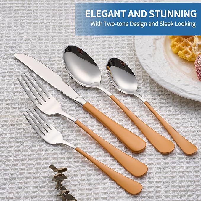 20-Piece Orange Silverware Set, 18/0 Stainless Steel Orange Handle Flatware Set, Service for 4, Modern Cutlery Set Includes Dinner Knives Forks Spoons, Mirror Polished, Dishwasher Safe