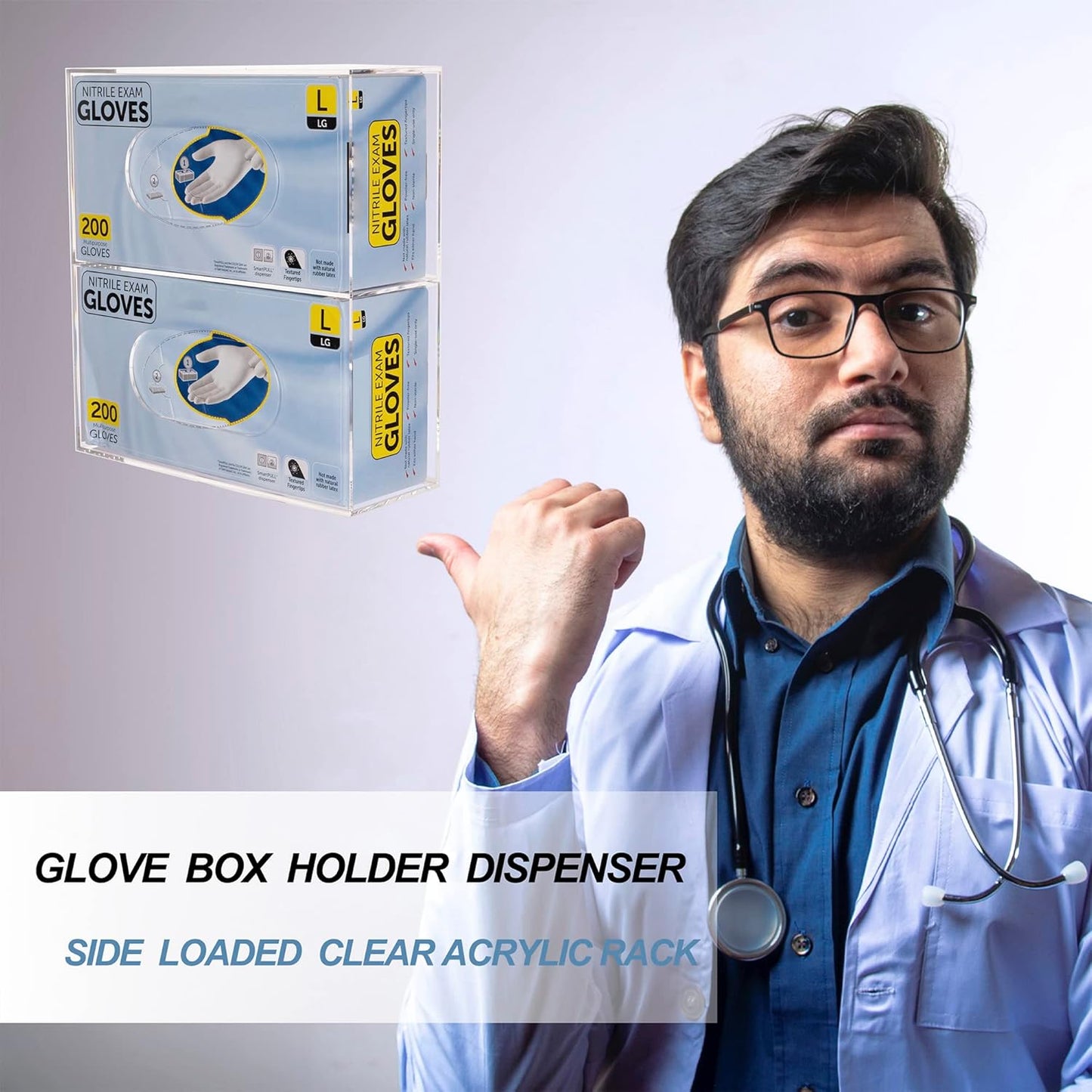 Glove Box Holder Dispenser Acrylic Double Side Loaded Clear Rack Storage Organizer for Medical, Latex, Rubber, Nitrile, Exam, Disposable Glove Boxes and Face Mask Holder Standing or Wall Mount