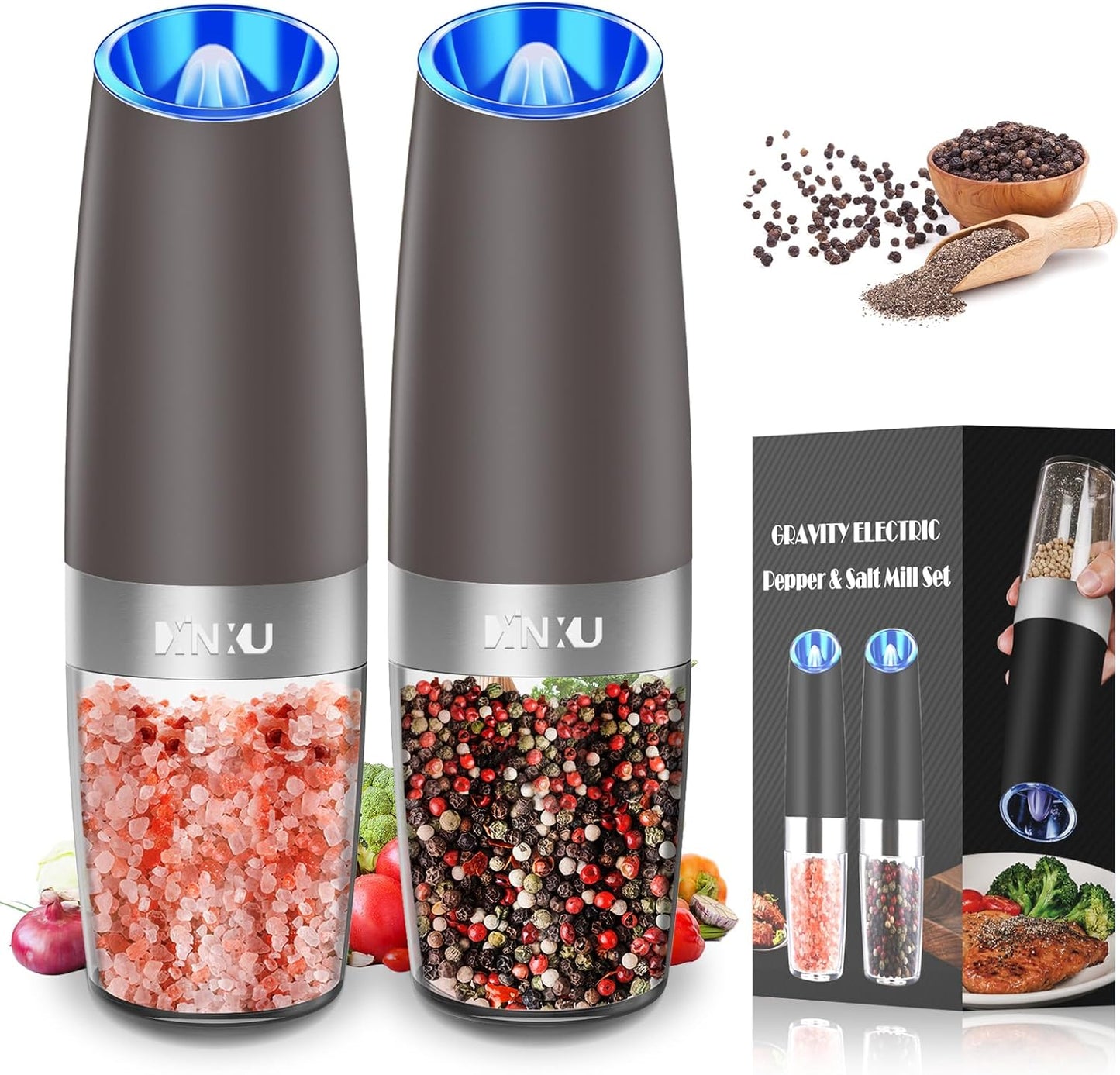 XinXu Gravity Electric Pepper and Salt Grinder Set, Adjustable Coarseness, with LED Light, One Hand Automatic Operation (Set/Brown L)