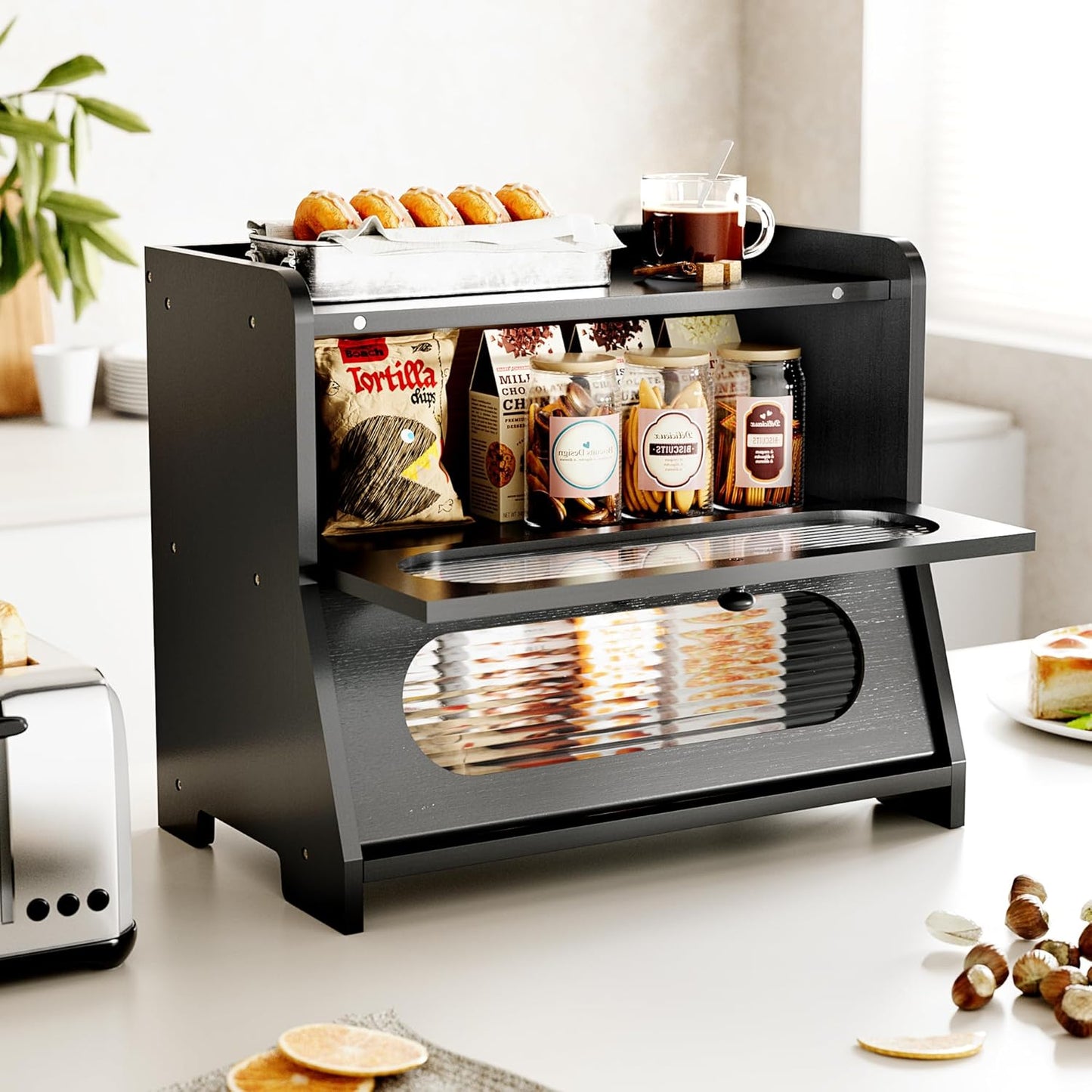 Bread Box for Kitchen Countertop,Double Layer Large Capacity Bamboo Bread Storage Container with Acrylic Wavy Door Panel for Kitchen Counter,Cabinet,Pantry(Black)