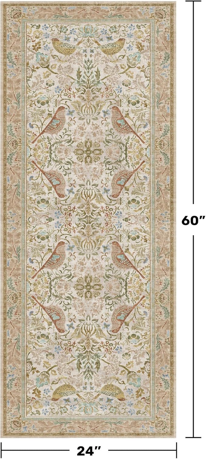 Boho Bathroom Runner Rug 2x5 - Floral & Bird Runner Rug for Kitchen Floor, Hallway, Laundry Room, Bedroom, Entrance, Beige Neutral Vintage Decor, Washable Non Slip Low Pile