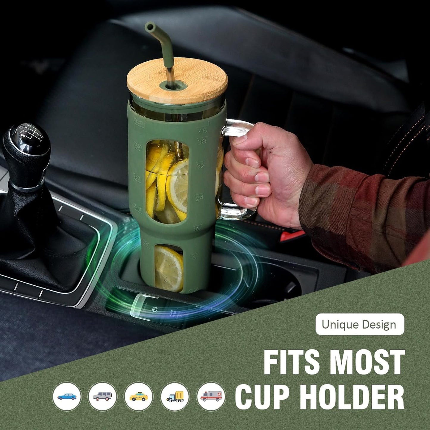 Glass Tumbler with Lid and Straw, 46 oz Iced Coffee Cup with Handle, Large Water Bottles with Silicone Sleeve, Glass Cup with Straws - Pearl Straw & Drinking Straw BPA Free-Olive