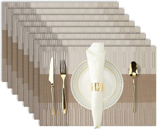 Champagne Modern Placemats Set of 8-Durable PVC Table placemats,Vinyl Woven Place Mats for Dining Table Heat Resistant Non-Slip Washable Indoor/Outdoor Table Mats 12 * 17 inch