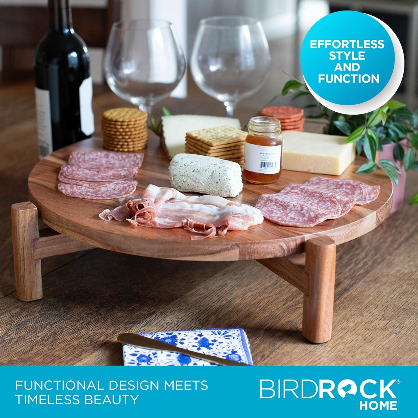 BIRDROCK HOME Elevated Lazy Susan | Rotating Acacia Wood Platter with Raised Legs | Ideal for Serving, Organizing, and Decor | Smooth 360° Rotation (Natural, Medium)