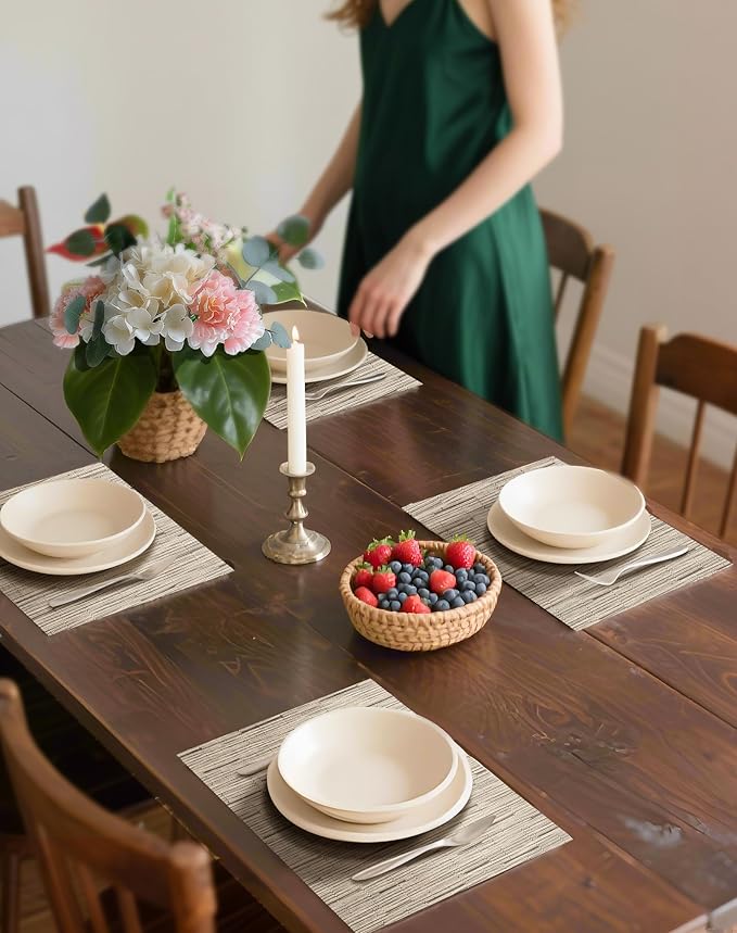 Leetaltree Light Brown Placemats Set of 4 - Heat Resistant Non-Slip Place mats for Dining Table, Washable Durable PVC Vinyl Woven Table Mats（Light Brown, 4）