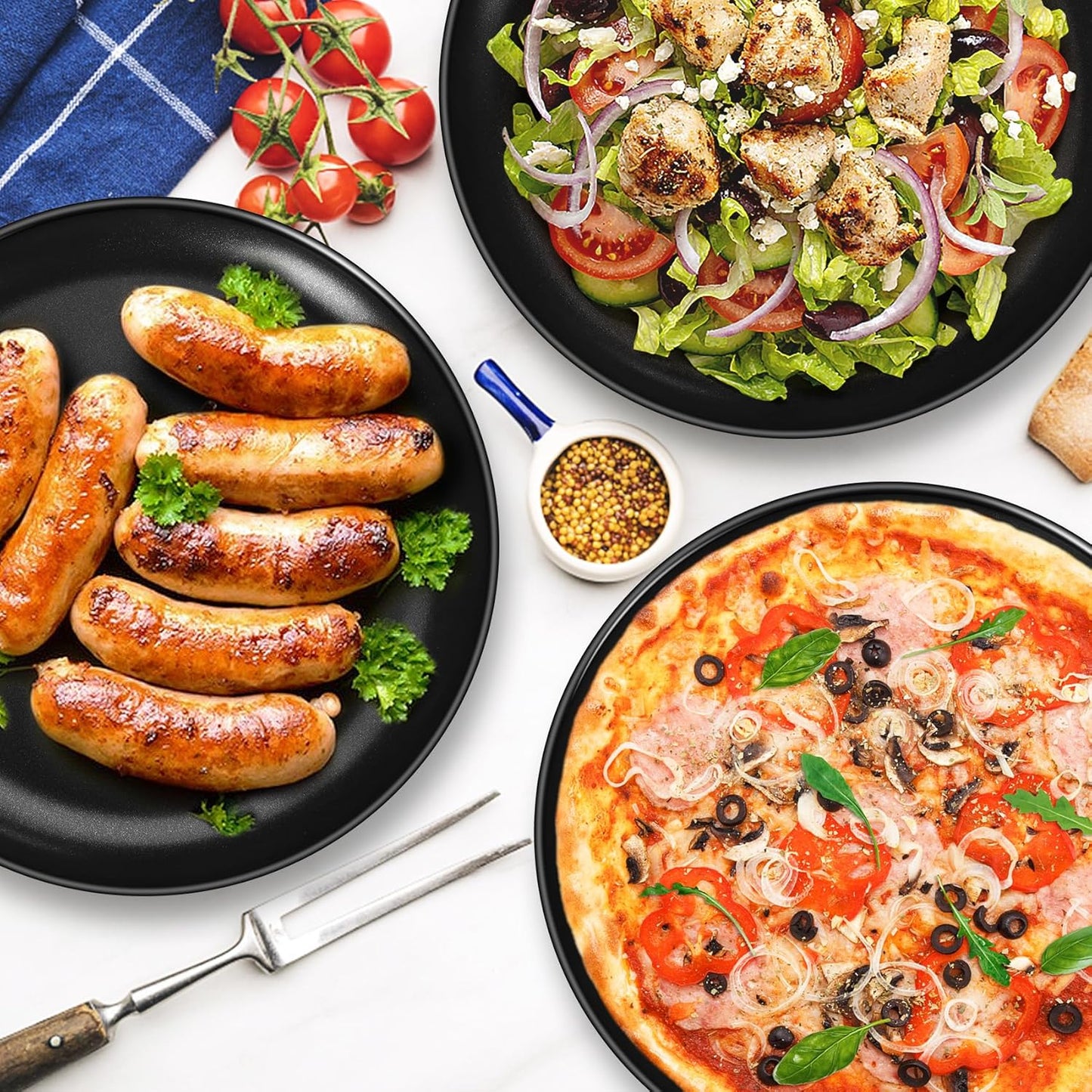 P&P CHEF 12 Inch Pizza Pan, 3 Pieces Stainless Steel Round Pizza Tray Dish Plate For Oven Baking Roasting, Healthy & Heavy Duty, Rust Free & Dishwasher Safe -Black