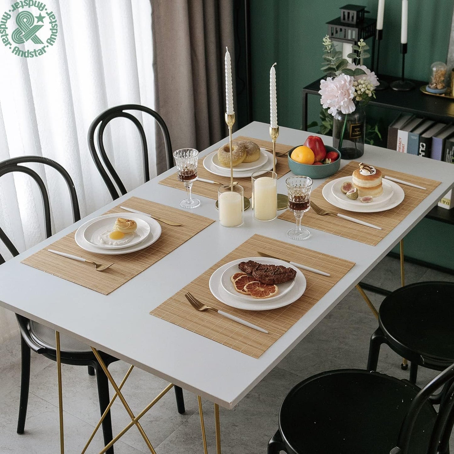 ANDSTAR Set of 4 Pcs Bamboo Placemats Sushi Rolling Mat Japanese Style Natural Anti-Slip Bamboo Placemats Washable Heat-Resistant Table Mats for Dining Room and Kitchen（Brown）