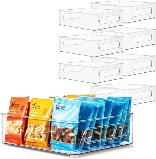 Plastic Food Storage 8 Pack Clear Container Bin with Handles for Organizing Kitchen, Pantry, Refrigerator, Freezer, Pantry, Cabinet, Closet, Bathroom. Stackable 10”x8”x3”