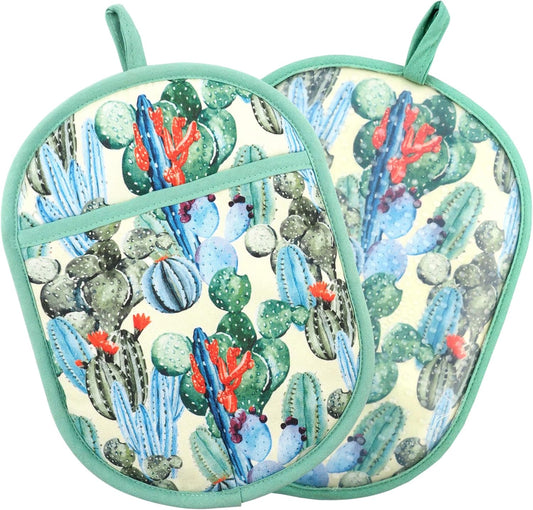 Pot Holders Set of 2 with Transparent Clear Silicone Shell and Nice Cactus Flower Cotton Lining, Heat Resistant to 500 F Kitchen Oven Gloves Pot Holder for Cooking (Cactus Flower, Potholders)