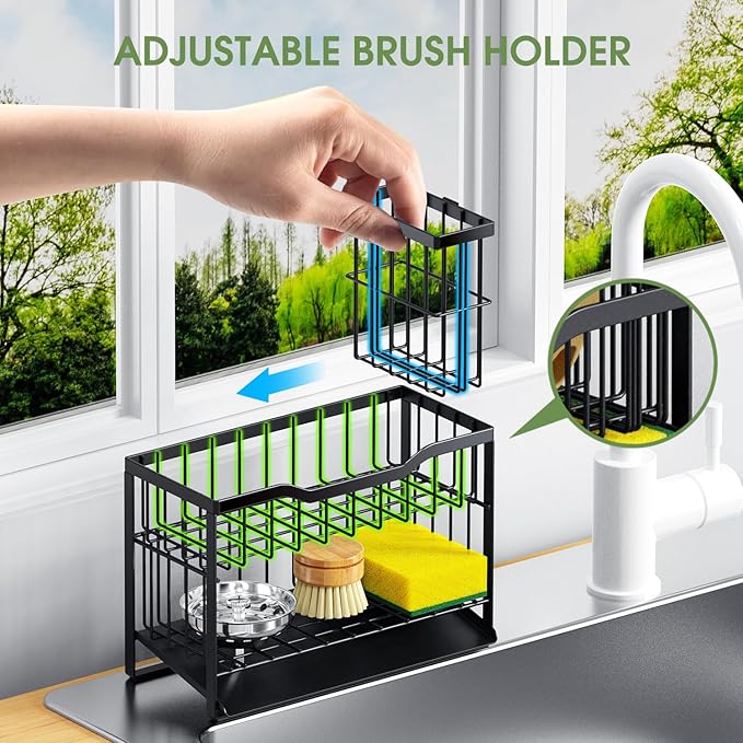 2-Tier Self-Draining Sponge Holder for Kitchen Sink - Rustproof Non-Slip Sink Caddy with Dish Brush Holder & Fits for Most Soap Dispensers - Black
