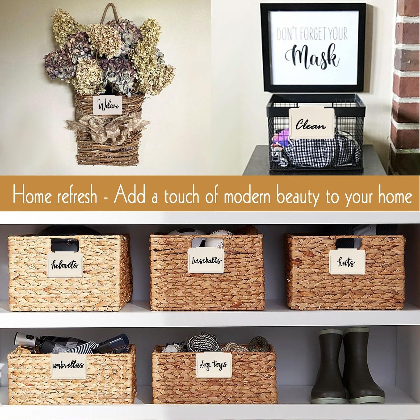 Basket Labels Clip on | Label Holders for Basket or Storage Bins Includes White Chalk Markers (8 Cream Holders + 2 Black Chalk Makers)