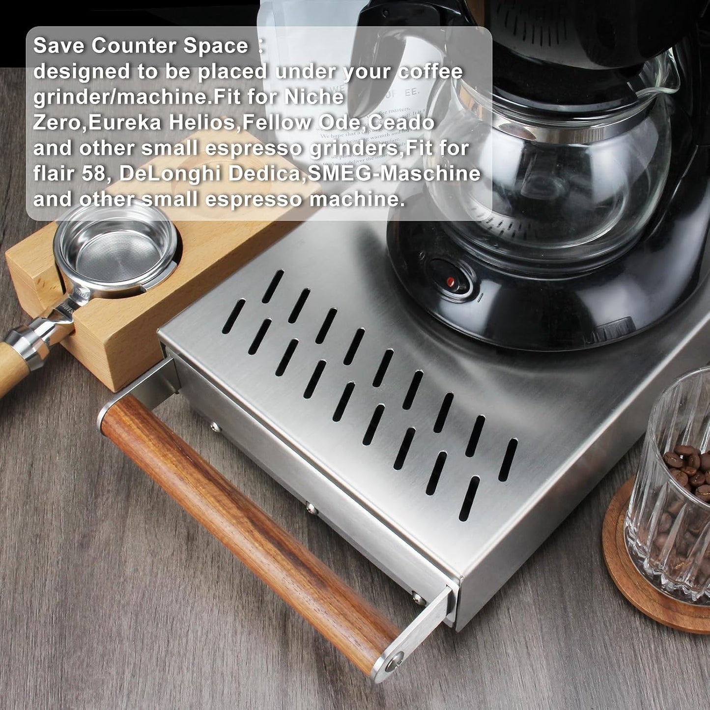 DIBTSA Espresso Knock Box Drawer, Coffee Knock Box with Shock-absorbing Removable Knock Bar and Non-Slip Base, 304 Stainless Steel, Espresso Accessories, 12.4 x 8.14 x 2.55 inch (Silver)