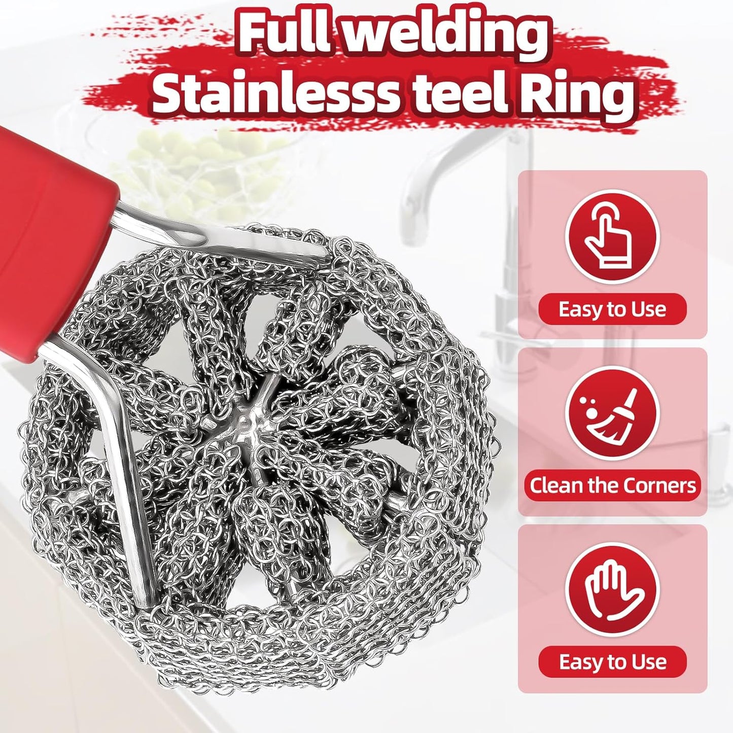 Cast Iron Chainmail Scrubber with Handle - Cleaner for Pans and Pots - Premium Stainless Steel/Silicone Scraper for Skillets - Ergonomic Food-Safe Design - Easy to Clean Cookware Dish Brush