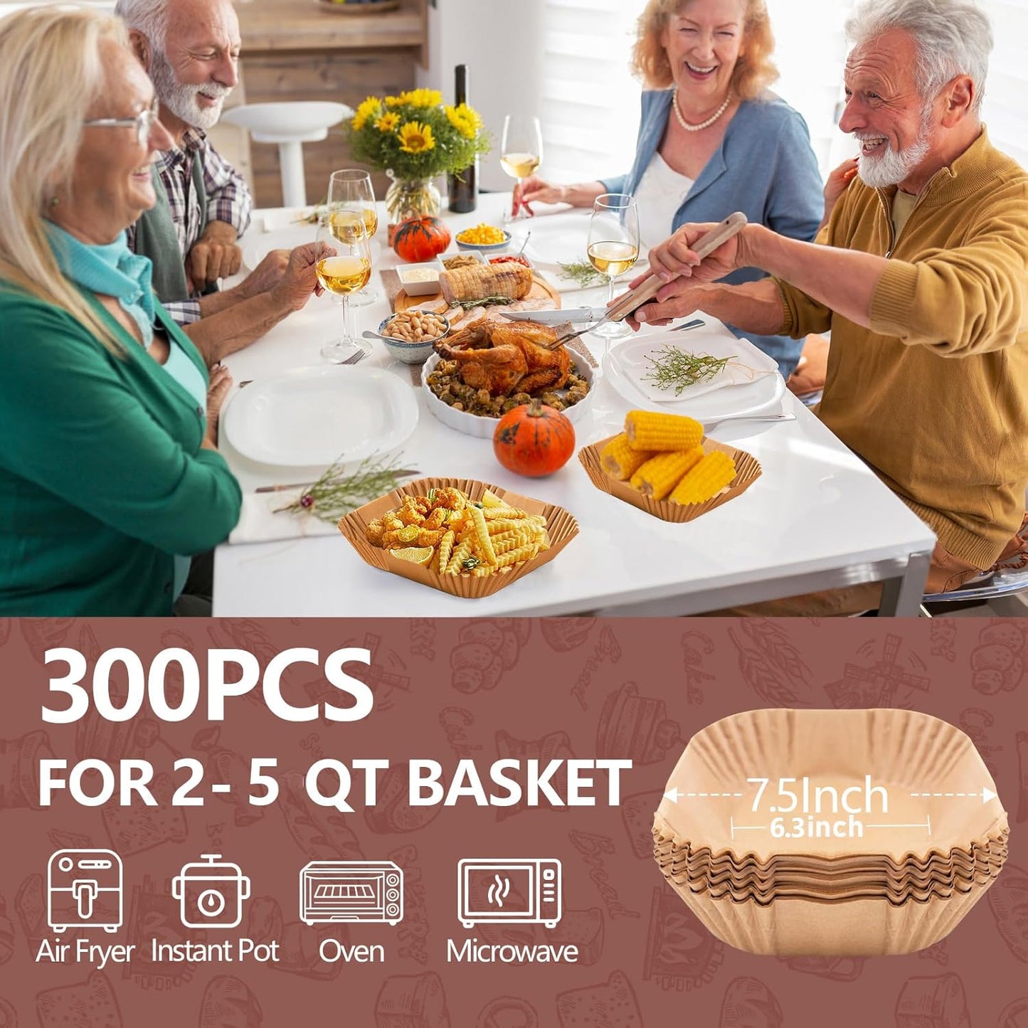UBeesize 7.5 Inch Air Fryer Paper Liners,300 PCS Parchment Paper, Air Fryer Disposable Paper Liners for Microwave, Non-Stick Sheets Square Free of Bleach（Bottom size 6.3 Inch）