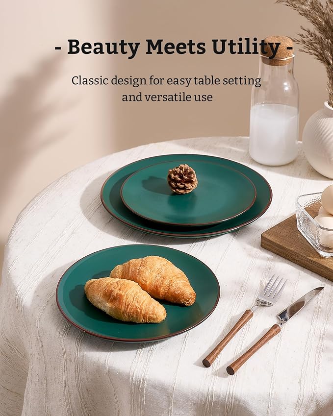 Famiware Venus Ceramic Plates and Bowls Sets, Speckled Dinnerware Dish Sets for 8 (24 Pieces) - Microwave and Dishwasher Safe, Matte Dark Green