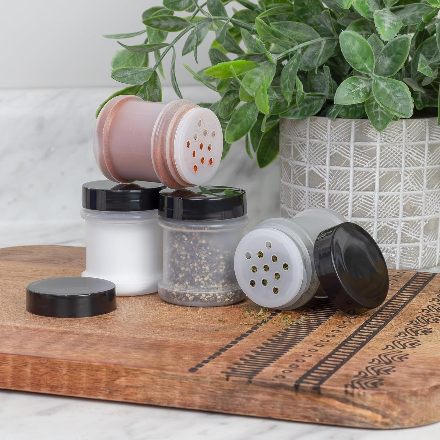 Cornucopia Brands Mini Plastic Spice Jars w/Sifters (12-Pack, Black); 2 Tablespoon Capacity (1 Fluid Ounce) Spice Bottles for Travel, Glitter, Gifts, Favors