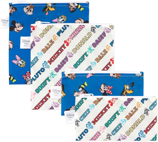 Bumkins - Cloth Snack & Sandwich Bags - For Storage, Travel, Food Prep, Lunch - Reusable, Water Resistant, Washable, Dishwasher Safe - Snack Bags for Kids -Zipper Closure -Mickey & Friends MVP -4 Pack