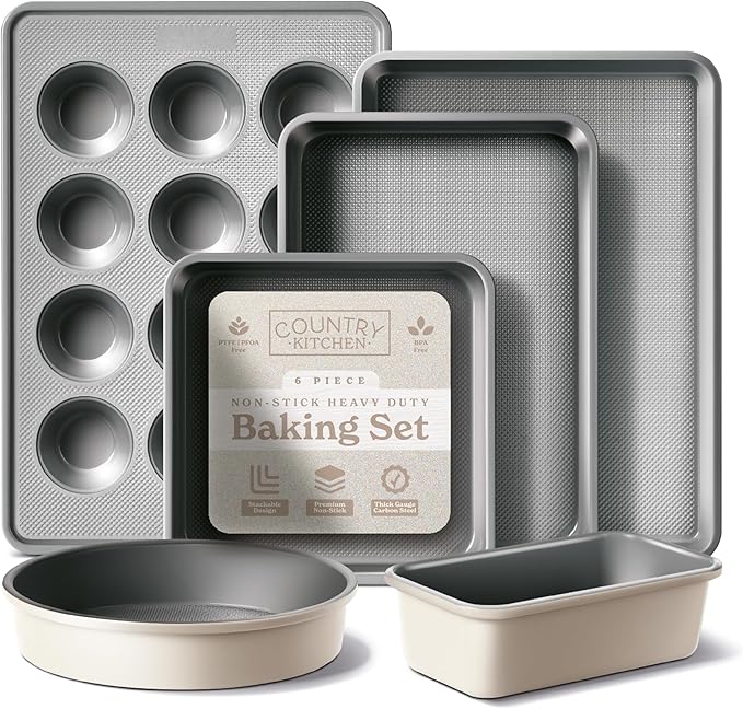 Country Kitchen Nonstick Stackable Bakeware Set - Durable, Easy Release Baking Set, Cream, 6 Pcs