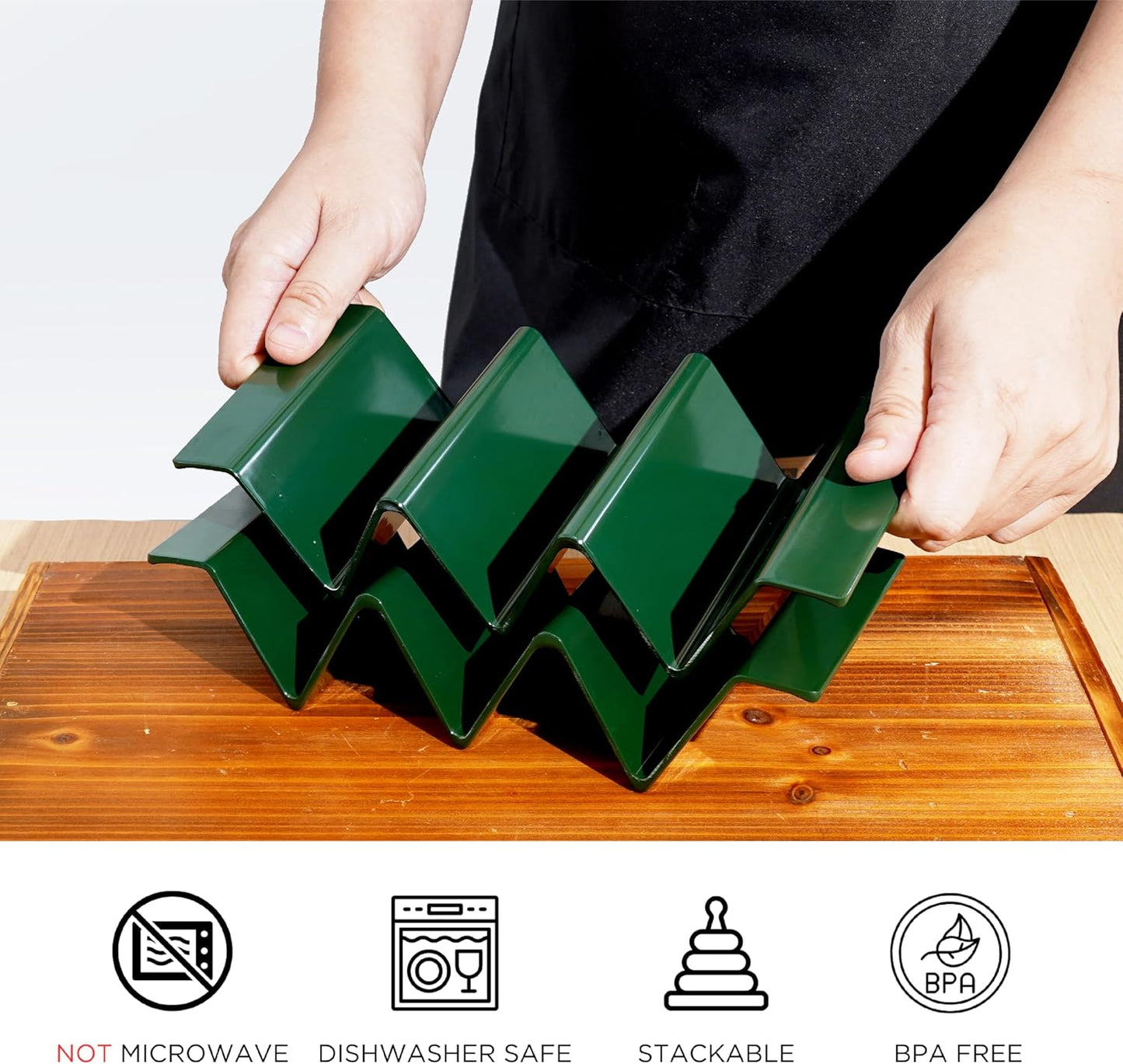 TP Taco Holder Stands, Set of 2 Melamine Large Taco Serving Rack Tray with Handle, Holds 3 Tacos, Dishwasher Safe, Ideal for Taco Night, Party, Home, Fiesta, Green