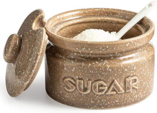 Gomakren Sugar Bowl with Lid and Spoon, Sugar Container Sugar Dish 10oz, Ceramic Sugar Jar for Coffee Bar, Kitchen, Countertop - Modern Farmhouse Kitchen Christmas Decor, Brown