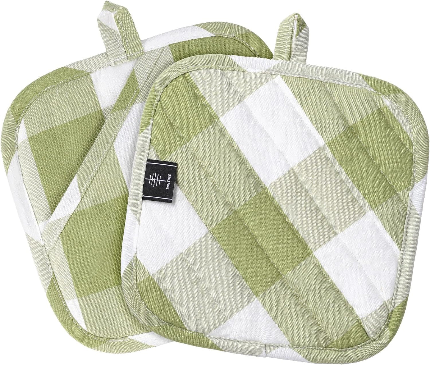 Cotton Pot Holders for Kitchen Heat Resistant Potholder Hot Pads Trivet Coaster Non-Slip Potholders Set for Cooking and Baking (2, Green Plaid, Square，8.27 in²)