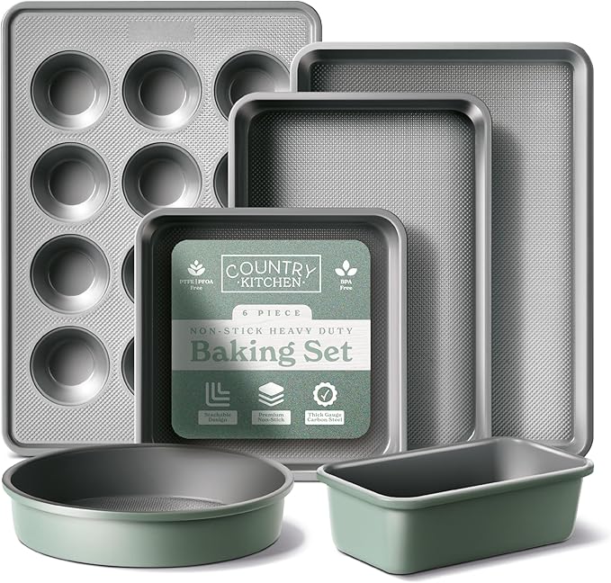 Country Kitchen Nonstick Stackable Bakeware Set - Durable, Easy Release Baking Set, Sage, 6 Pcs