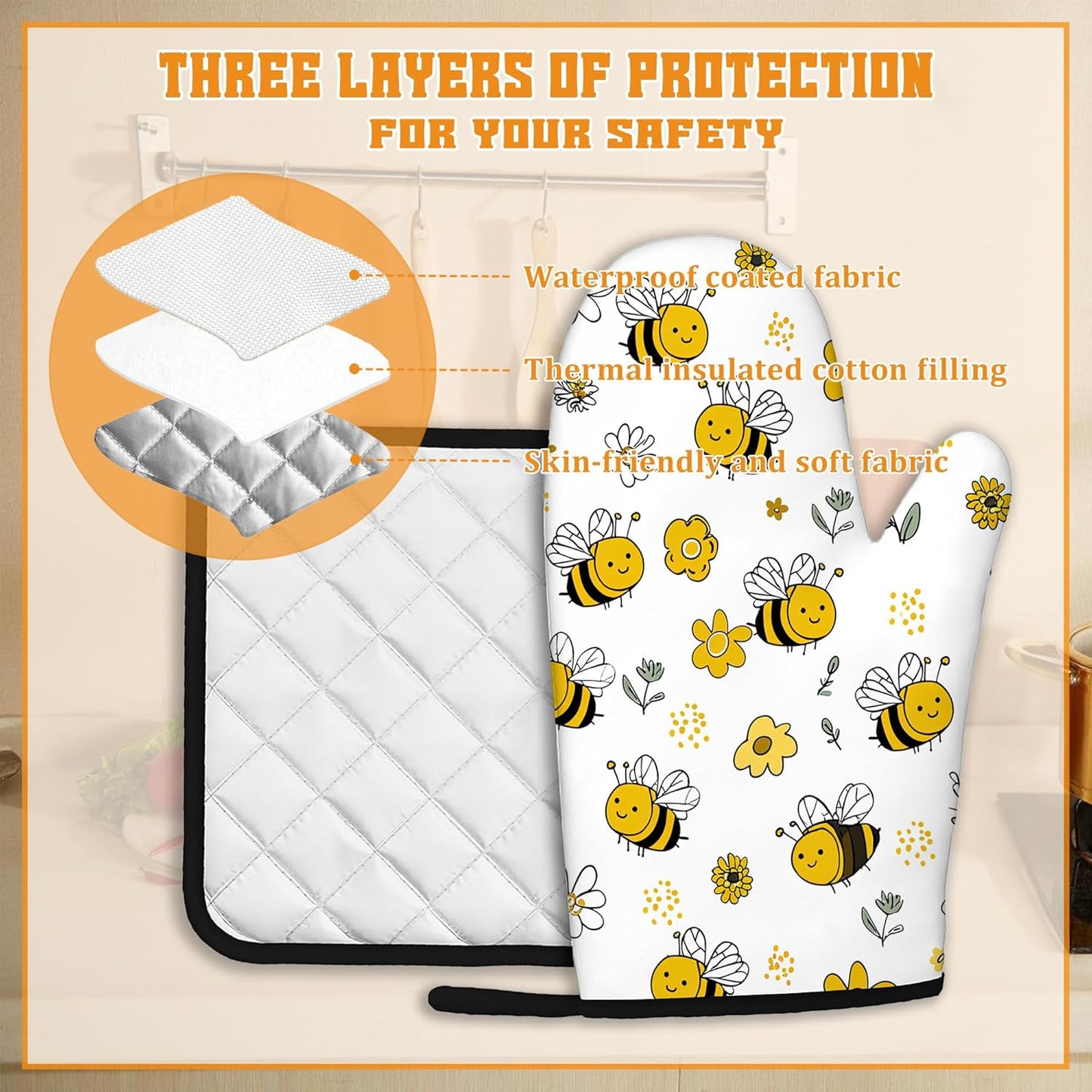 Cute Bee Oven Mitts and Pot Holders,Flower Heat Resistant Oven Mitts Gloves and Pot Holder for Home Kitchen Decorations Cooking Baking BBQ Gifts,Set of 4