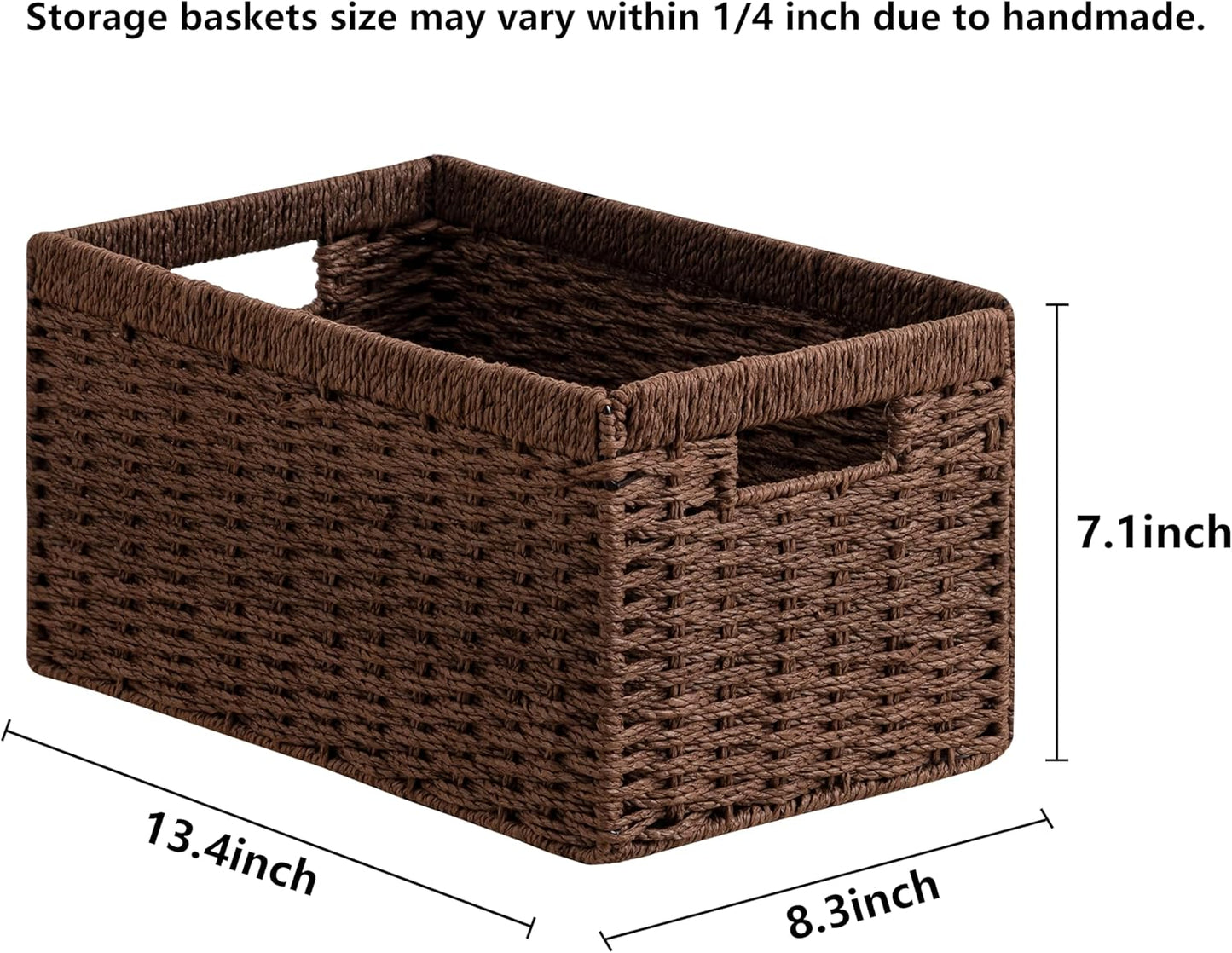 UBBCARE 4 Pack Wicker Basket, 13.4L×8.3H×7.1W inch Woven Paper Rope Storage Baskets for shelves, Foldable Rectangular Storage Baskets with Handle, Storage Basket for Organizing, Dark Brown