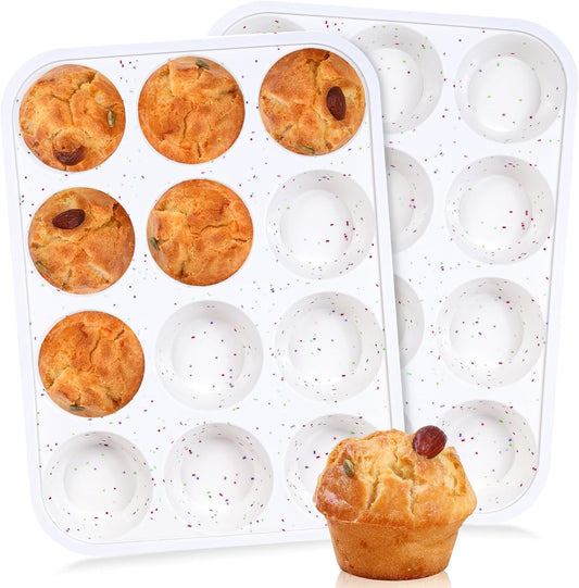 Muffin Pan - 12 Cups Silicone Muffin Pan Non-Stick Food Grade Silicone Cupcake Pan for Muffins,Tart, BPA Free - Standard Cup Size - Diameter 2.8" Depth 1.2" - Set of 2 Cream With Rainbow Dots