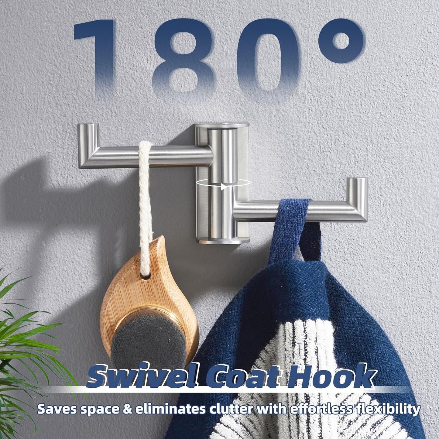 APLusee Brushed Nickel Double Swivel Towel Hook, 304 Stainless Steel Folding Clothes Hanger with Multi 2 Rotating Arms, Wall Mounted