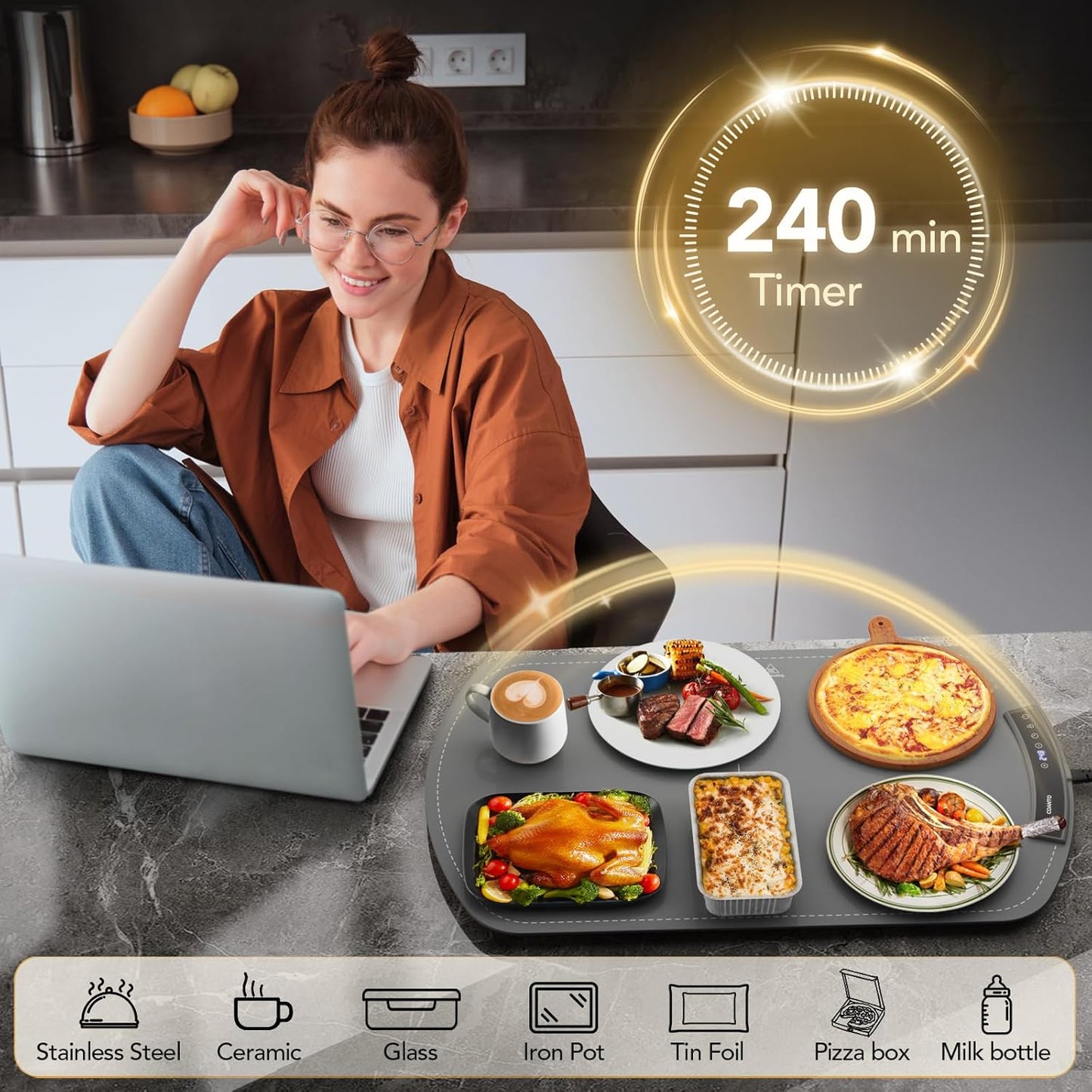 Food Warming Mat, Electric Warming Tray for Buffets & Parties, Silicone Heating Mat for Food with 9 Temperature Settings, Roll-Up Storage, 25.8"x15.6", Grey