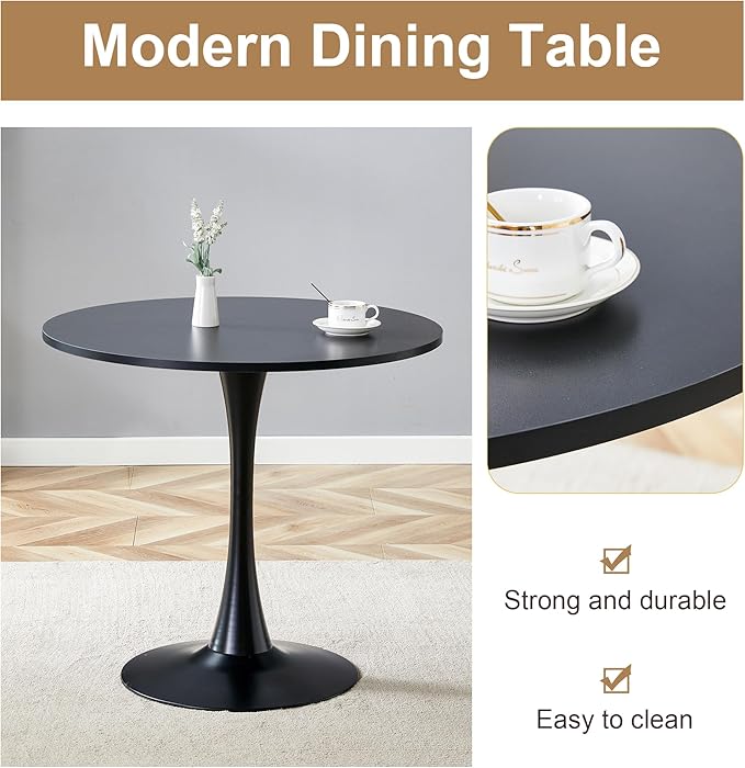 32" Round Dining Table Set for 2, Indoor Bistro Table and Chairs Set of 2, Breakfast Table Set with Leather Upholstered Chairs, Ideal for Apartment,Kitchen, Office, Save Space(Black)