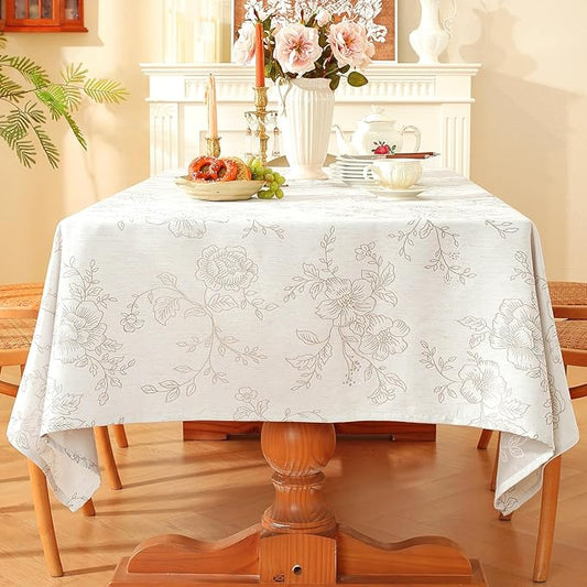 Chassic Premium Vintage Farmhouse Damask Floral 60 x 84 inch Rectangle Table Cloth – Water Resistant Linen Textured Jacquard Tablecloth for Kitchen Dining & Picnic Decor - Beige