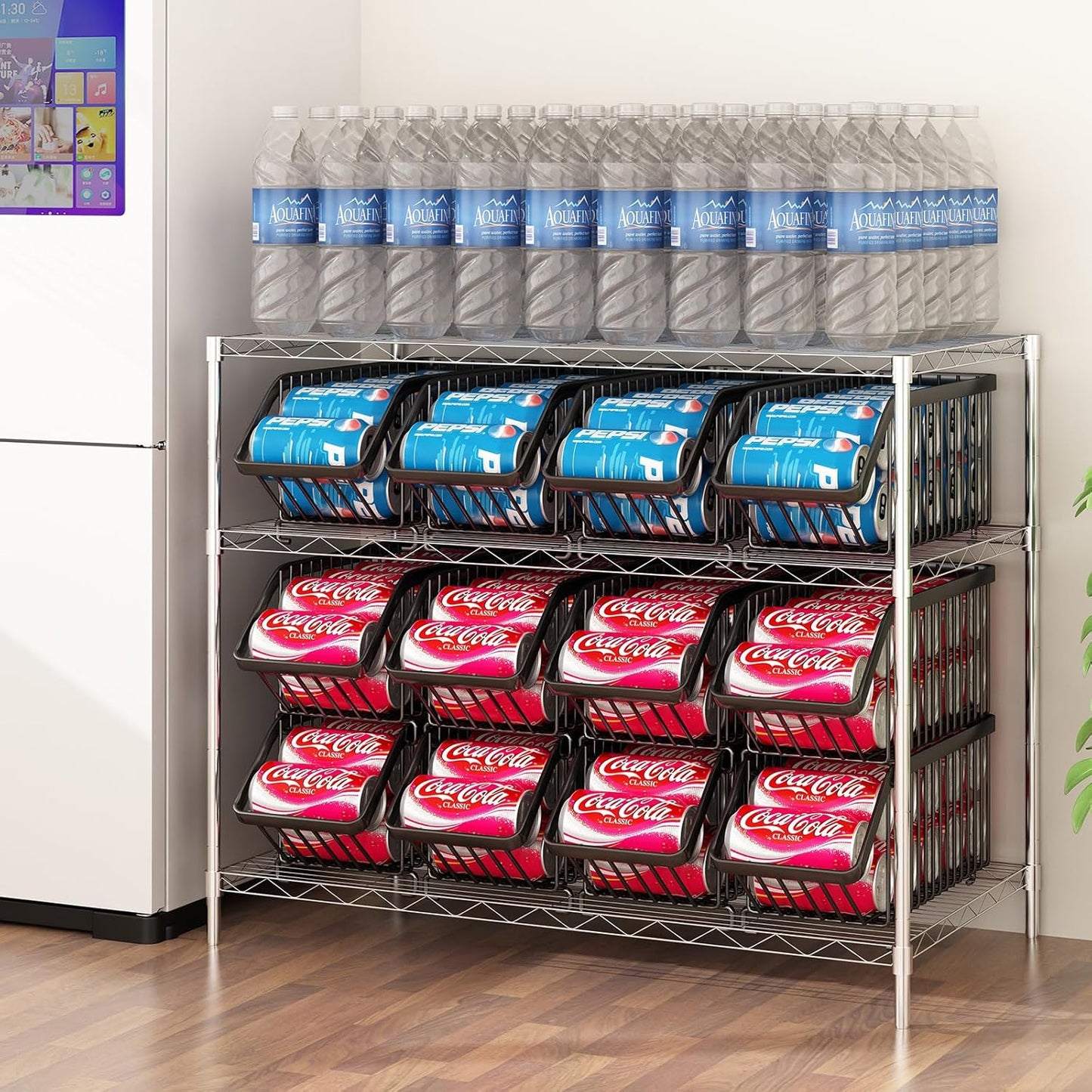 GILLAS 6 Pack Stackable Soda Can Organizer for Refrigerator, Can Holder Dispenser, Canned Food Storage Rack for Fridge, Kitchen, Countertops, Cabinets, Black