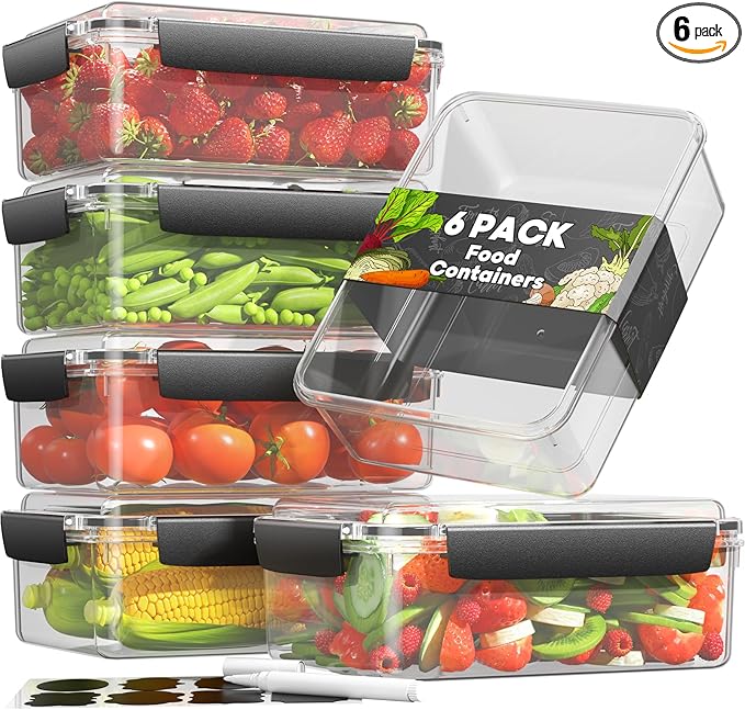 7 Cup Food Storage Containers with Lids, 6 Pack Plastic Food Containers, BPA Free Meal Prep Containers Reusable, Freezer Microwave Dishwasher Safe, Includes Labels & Pen