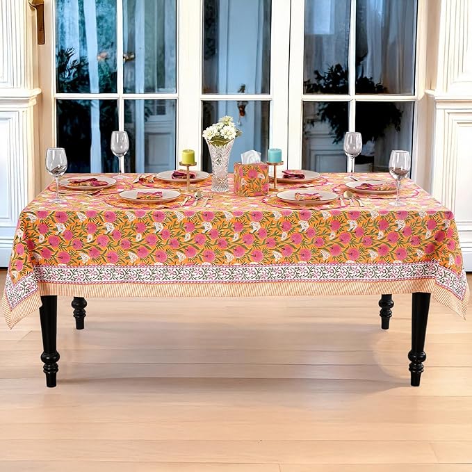 Ridhi Bubblegum Pink Hand Block Print Cotton Rectangle Tablecloth 120 x 60 inches Reusable Table Cover Decorative Everyday Use for Dining Room, Farmhouse, Home, Party, Festive & Wedding, Fall