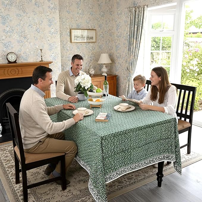 Ridhi Basil Green Hand Block Print Cotton Rectangle Tablecloth 118 x 70 inches Reusable Table Cover Decorative Everyday Use for Dining Room, Farmhouse, Home, Party, Festive & Wedding, Fall